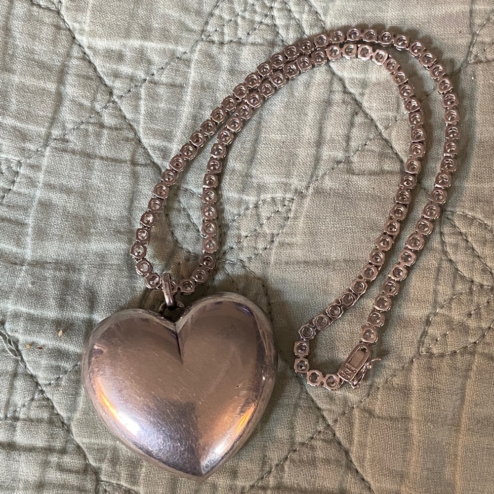 Sterling CZ Tennis Necklace w/ Huge Sterling Heart Pendant - Picture 4 of 17